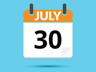 30 July. Flat icon calendar isolated on blue background. Vector illustration.