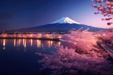 Fotobehang Fuji sakura tree and mountain fuji on background
