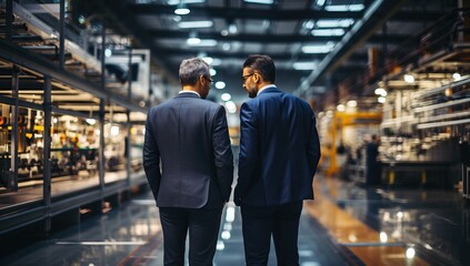 Back view of two businessmen talking in hall of modern office building.