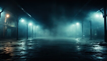 Mysterious dark street in a foggy night. Halloween background - obrazy, fototapety, plakaty