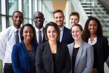 Fototapeta premium Portrait of happy business team standing in office. Multiethnic group.