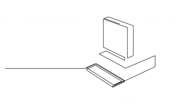 Self drawing animation of continuous one line retro personal computer. Animated vintage cpu with analog monitor and keyboard drawn by single line.