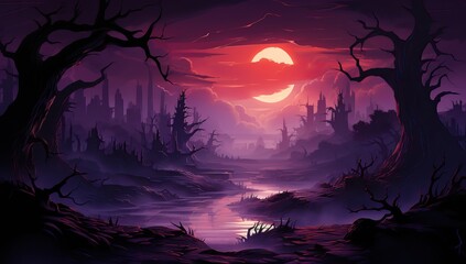 Obraz premium Fantasy landscape with spooky forest and full moon.