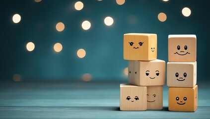 Wooden cubes with smiley faces on wooden background with bokeh effect