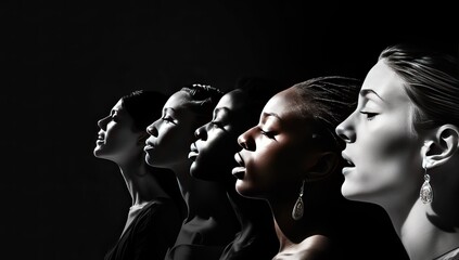 Group of beautiful women in black and white on black background, side view
