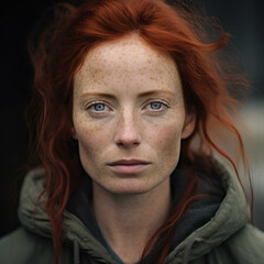 Fototapeta premium Dramatic portrait of woman with red hair standing outside