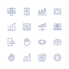 Performance line icon set on transparent background with editable stroke. Containing bandwidth, data analysis, growth, high speed, mobile, overtime, performance, profit, ranking, speed, speed test.