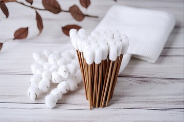 Environmentally Friendly Bamboo Cotton Swabs on White Cement Background. Eco-Friendly Materials for Hygiene of Ears. Hygienic Cosmetic Product