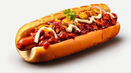 Delicious and Juicy Chili Dog - Hot Sausage on a Bun, Topped with Spicy Chili and Condiments - Isolated Lunch Snack Image