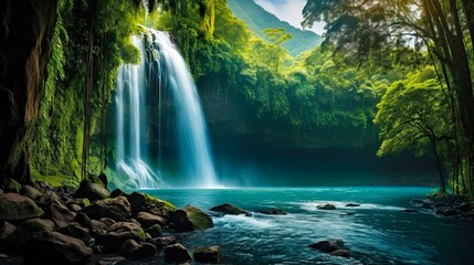 Deep in the Beauty of Costa Rica: La Fortuna Waterfall, a Stunning Landscape and America's Fortune as a Background - obrazy, fototapety, plakaty