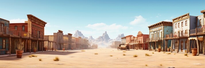 Empty Old Wild West Town 3D Rendered Illustration with Aged Wooden Buildings and Abandoned Brick Streets in Blue Background - obrazy, fototapety, plakaty