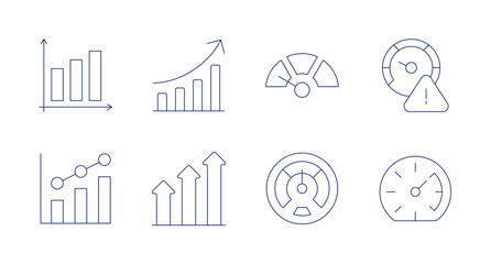Performance icons. editable stroke. Containing bar graph, diagram, growth, increase, slow, speed limit, speedometer.