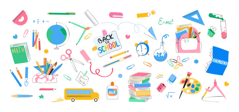 School supplies and stationery collection. Backpack and pencil case, stack of books, writing tools set. Education, back to school concept. Ideal for stickers. Vector illustration