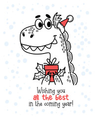 Cool Christmas card with cute dragon santa with gift with holly. Vector vertical illustration. hand drawing.2024 year dragon according to eastern calendar. Xmas design, holiday decor