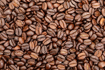 Grains of roasted aromatic coffee background