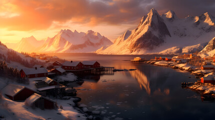 Fototapeta na wymiar Enchanting Sunset Panorama, A Majestic Arctic Landscape by the Norwegian FjordsNature's Artistry Unveiled, A Breathtaking Display of Color and Serenity, Ai Generative 