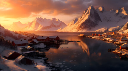 Enchanting Sunset Panorama, A Majestic Arctic Landscape by the Norwegian FjordsNature's Artistry Unveiled, A Breathtaking Display of Color and Serenity, Ai Generative 