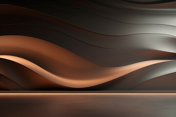 夜の雰囲気のこげ茶色の曲線的な壁と平らな床がある抽象的な空間