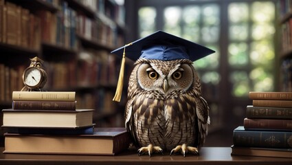 An owl wearing graduation cap with books in libarary
