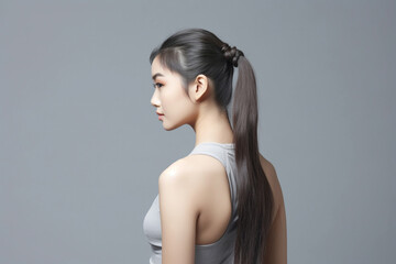 A cute and healthy Asian girl, viewed from behind, highlights her ponytail and bun hairstyle on a solid gray background. Generative AI. - obrazy, fototapety, plakaty