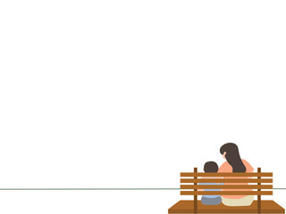 bottom right simple line vector illustration of mother's day, young mother and son sitting together in the park, mother advising son. one line illustration vector