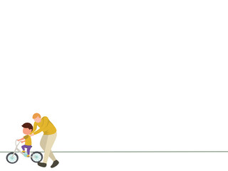 bottom left object illustration of father teaching boys bicycle, fathers and son, father;s day, one line vector illustration, simple style for presentation