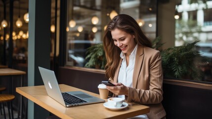 Business woman in a cafe using laptop and smartphone. Generative AI