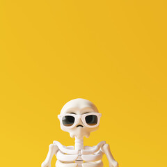 Skeleton wear sunglasses with yellow background. Halloween holiday concept. 3d rendering