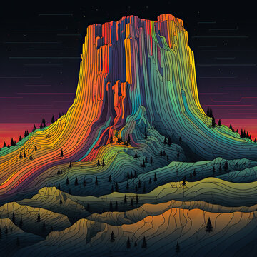 AI Map Art: Devils Tower in vector line art