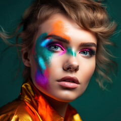 Naklejka premium Colorful artistic portrait of a young beautiful woman closeup, multicolored hairstyle, makeup and face art