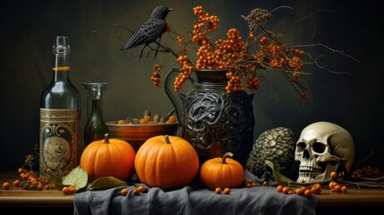 Halloween decoration with skull and pumpkin