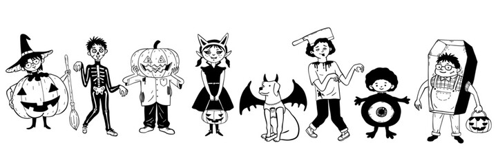 Cute vector illustration doodle character of kids in Halloween costumes. Black and white ink style, hand drawn sketch, outline, thin line art. 