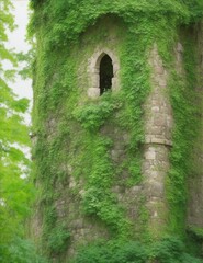 fairy tale tower wall made of stones and ivy growing illustration