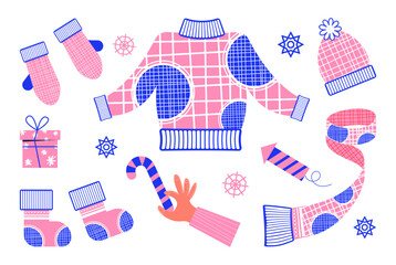Set of winter clothes. Sweater, socks, scarf and gloves. Vector illustration of winter clothes elements in flat style.