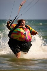 Super obese woman kite surfing. Generative AI