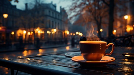 A cup of tea is on a street at night with lamp behind - obrazy, fototapety, plakaty