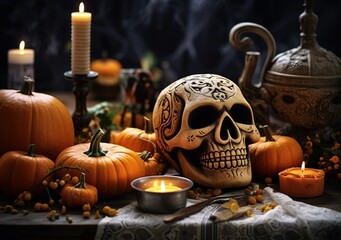 Fototapeta na wymiar halloween pumpkin and skull