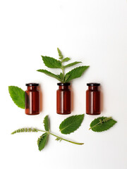 Natural plant extract and oil on a white background. The concept of using natural materials for treatment