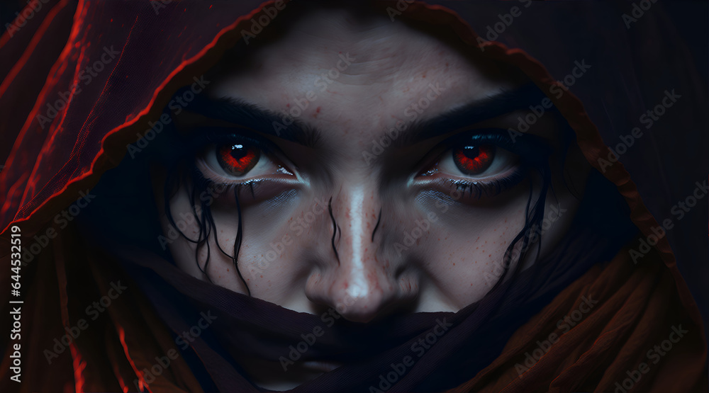 Wall mural A young woman with glowing red eyes, her face obscured by a veil of shadows.