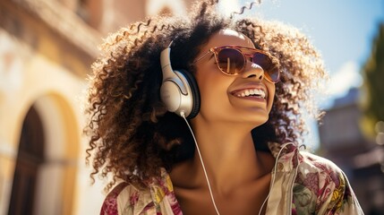 Joyful African American Student Engrossed in Music and Smartphone in Urban Setting, generative Ai