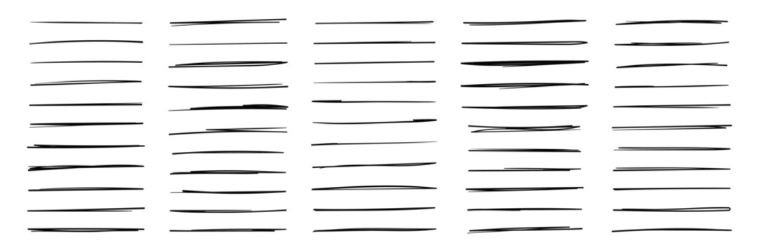 Set of underlines and strikethrough doodle lines set. Various simple sketch dividers, simple emphasis, ink pen, marker style. Scribble vector illustration isolated on transparent background