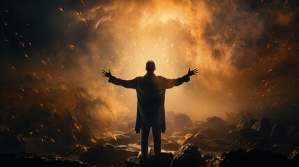 man of faith with arms outstretched in front of a sunset