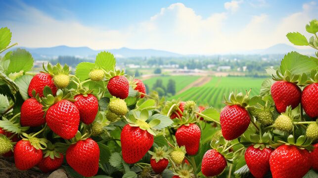 A Variety of Strawberries bright red juicy with water droplets on strawberry tree, Panoramic View of strawberries in light brown Saplings, Blurred Farmland and Mountains background