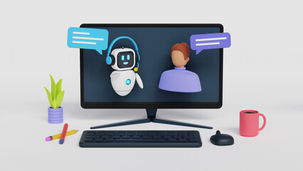 Online communication with chat bot concept. Artificial intelligence. AI servers and robots technology, Artificial bot mind, 3D robot answer customer in chatbot service, 3d illustration