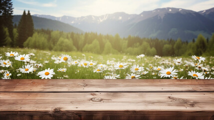 Empty wooden table top for product background and montage, Alpian meadow with with white flowers, banner mockup and natural product advertisement  - obrazy, fototapety, plakaty