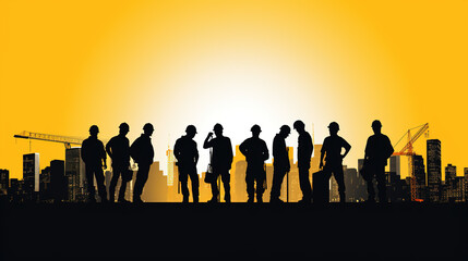 Fototapeta na wymiar A Flat vector Illustration, Silhouette, image of a Group of Construction Workers doing happy Work poses wearing safety guards and plastic helmets