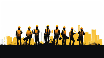 A Flat vector Illustration, Silhouette, image of a Group of Construction Workers doing happy Work poses wearing safety guards and plastic helmets