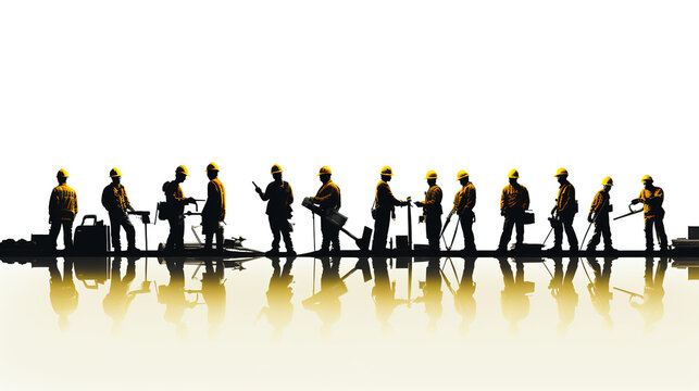 A Flat vector Illustration, Silhouette, image of a Group of Construction Workers doing happy Work poses wearing safety guards and plastic helmets
