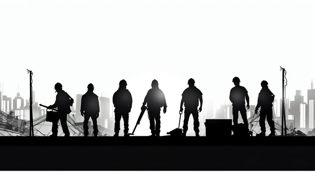 A Flat vector Illustration, Silhouette, image of a Group of Construction Workers doing happy Work poses wearing safety guards and plastic helmets