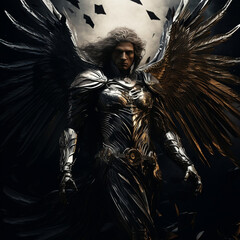 タイトル: "銀翼の堕天使"

説明文: このイラストは、銀色の翼を持つ堕天使の壮大な存在を描写しています。彼はメタリックな鎧に身を包み、その鎧は複雑で美しく、光輝いています。ロン毛が風に舞い、強靭な風貌を持ち、大地に立ち、救世主のような存在感を放っています。